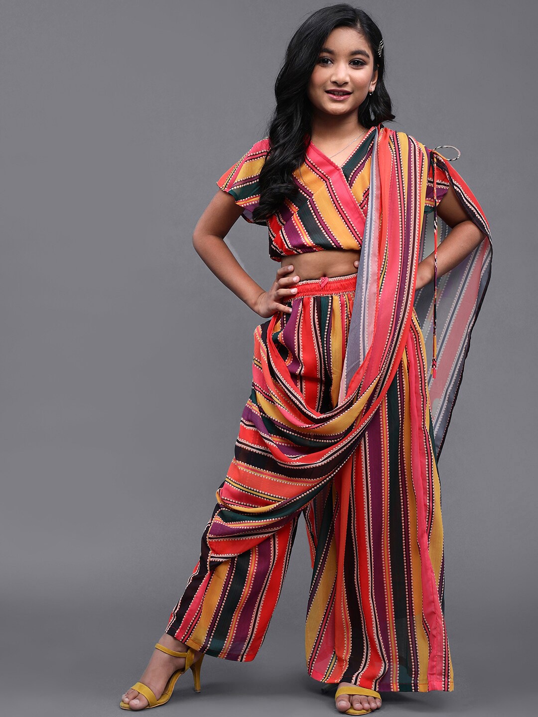 

Aks Kids Girls Striped Palazzo Saree, Pink