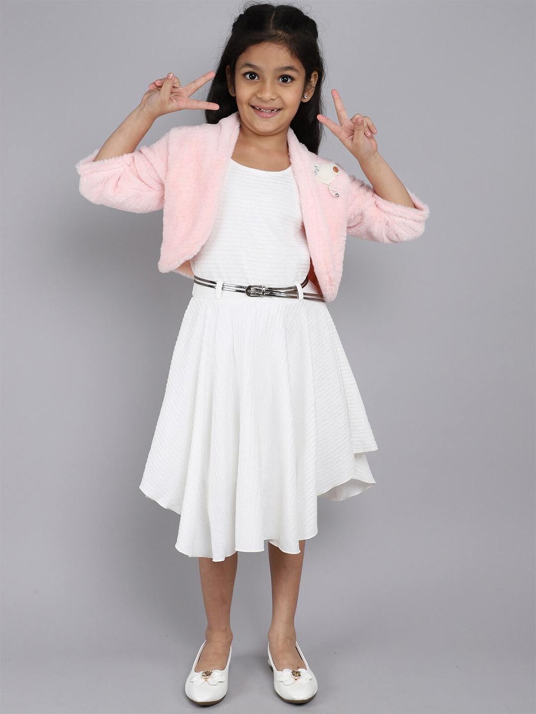 

Little Angels Girls Self Design Fit & Flare Midi Dress With Jacket, Pink