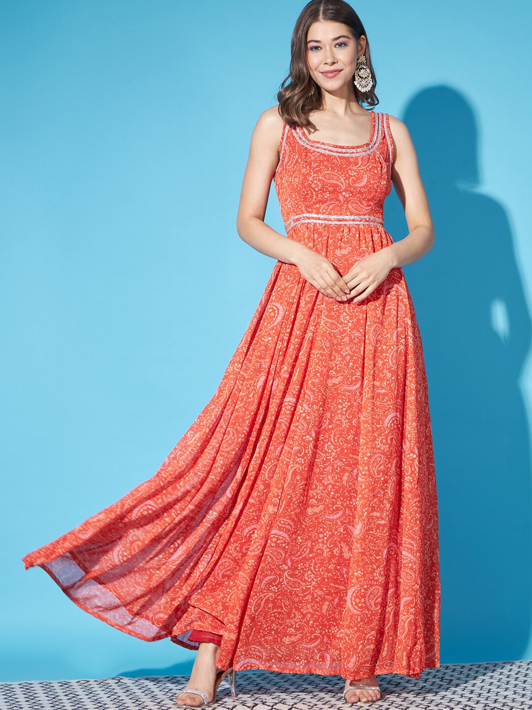 

Cation Printed Fit & Flared Ethnic Dress, Orange