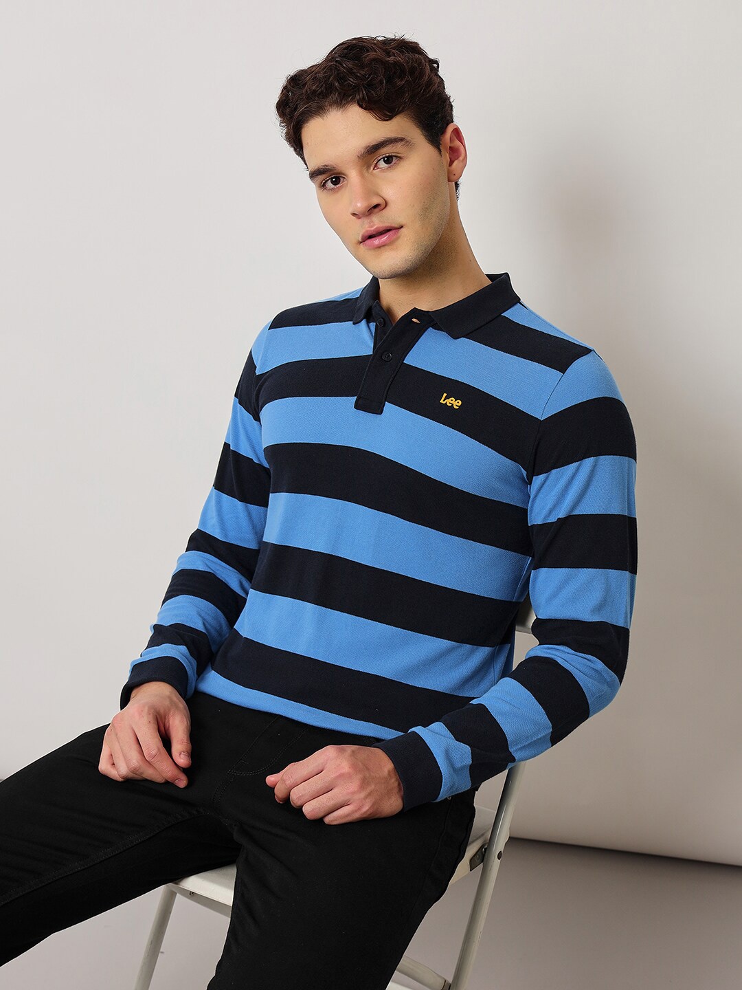 

Lee Striped Polo Collar Slim Fit Cotton T-Shirt, Blue