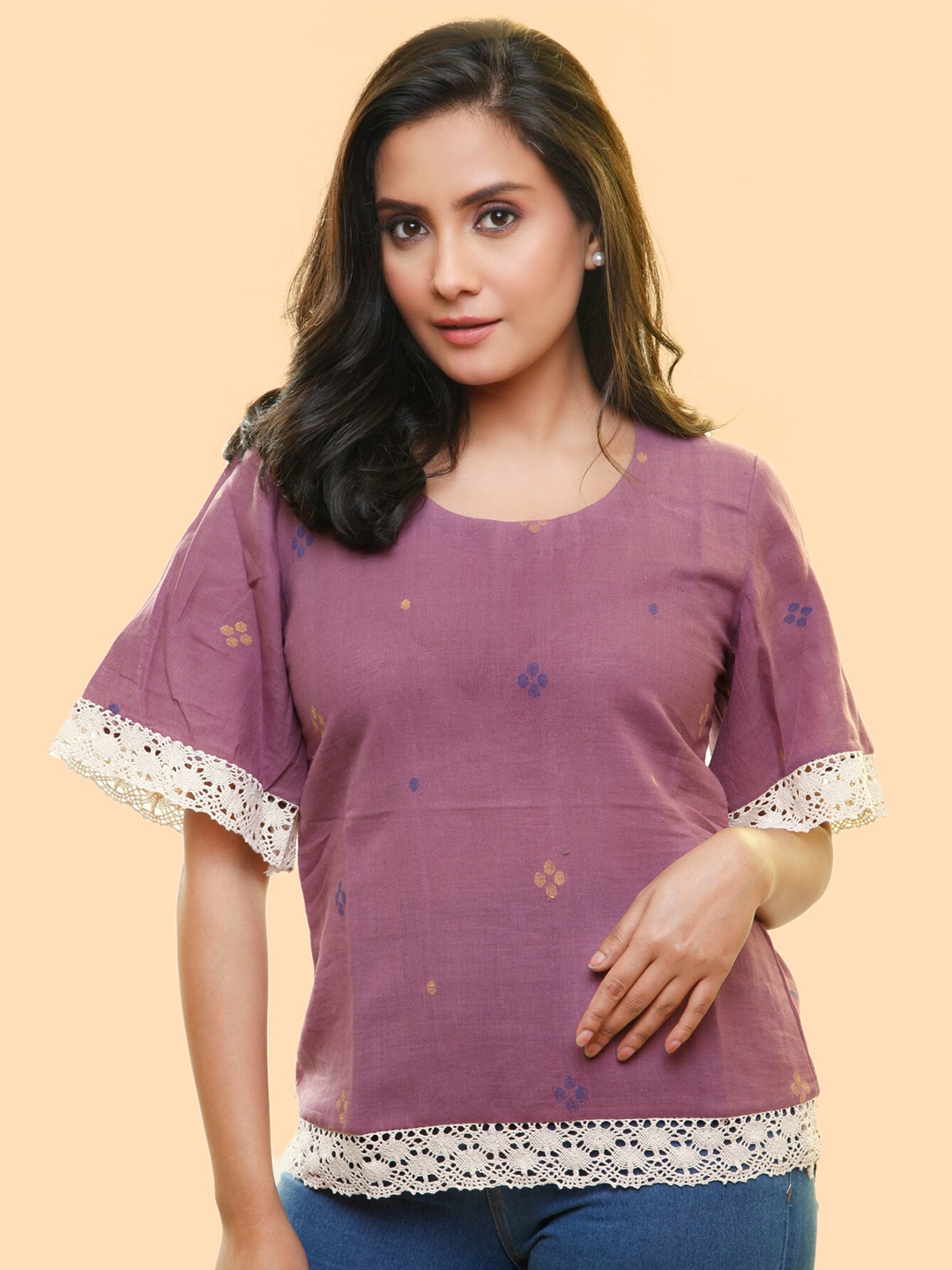 

PinkLoom Self Design Flared Sleeves Cotton Top, Mauve