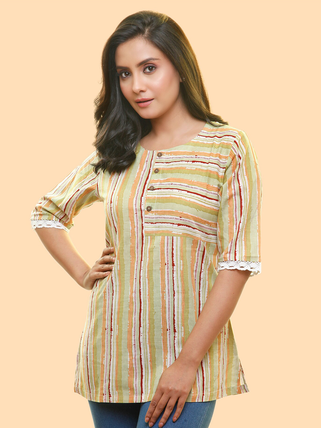 

PinkLoom Striped Round Neck Cotton Top, Green
