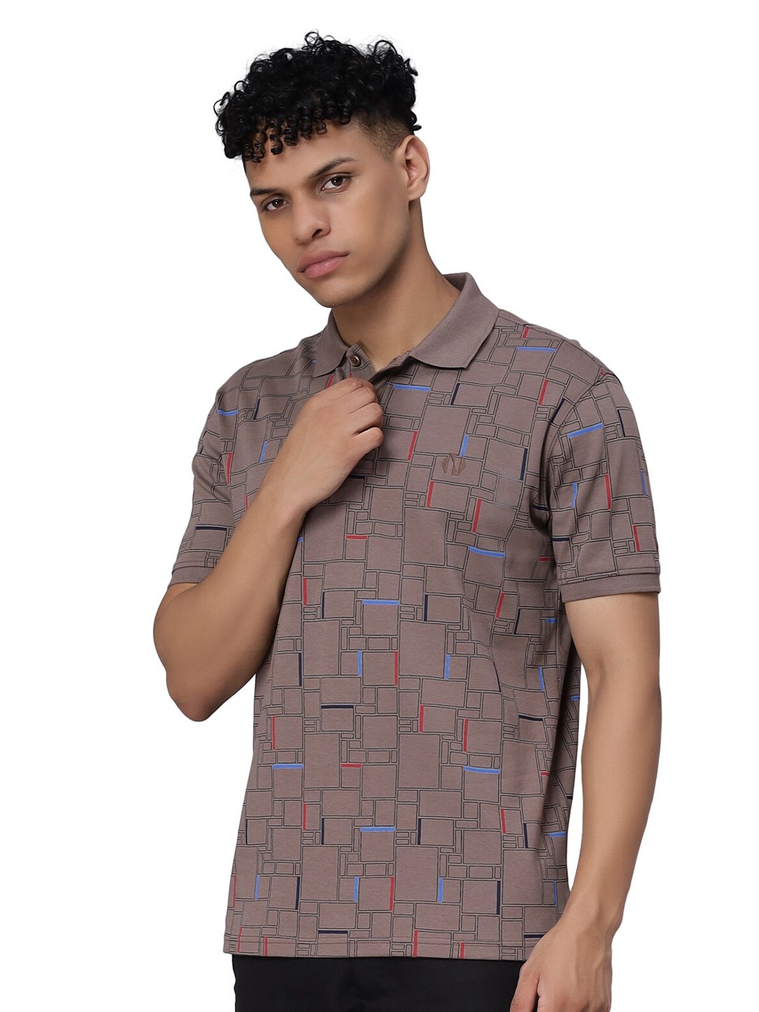 

Nimble Abzorb Geometric Printed Polo Collar Relaxed Fit Cotton T-Shirt, Brown