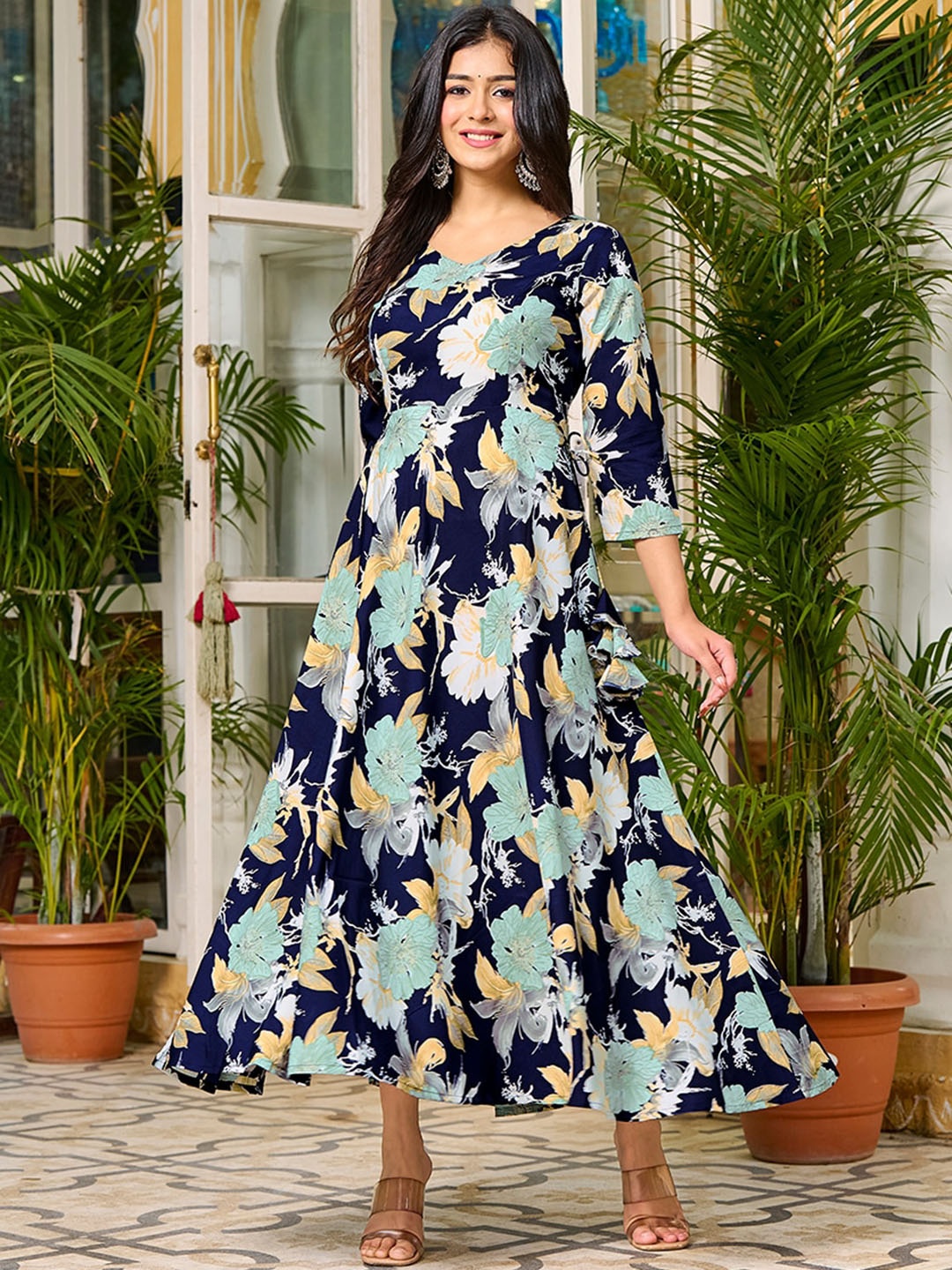

SHOPGARB Floral Printed Fit And Flare Ethnic Dress, Navy blue