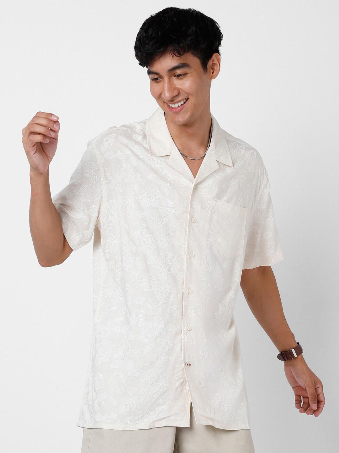 

VASTRADO Beige Hibiscus Printed Shirt