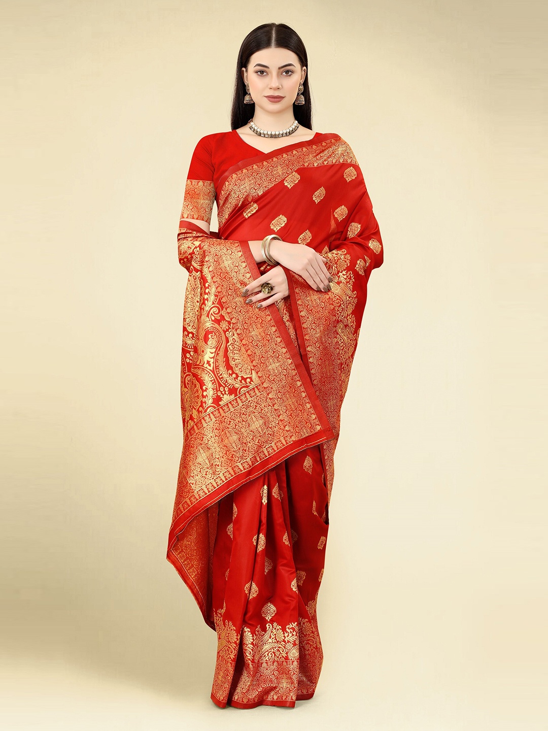 

DWIZA ENTERPRISE Ethnic Motifs Woven Design Zari Detail Banarasi Saree, Red