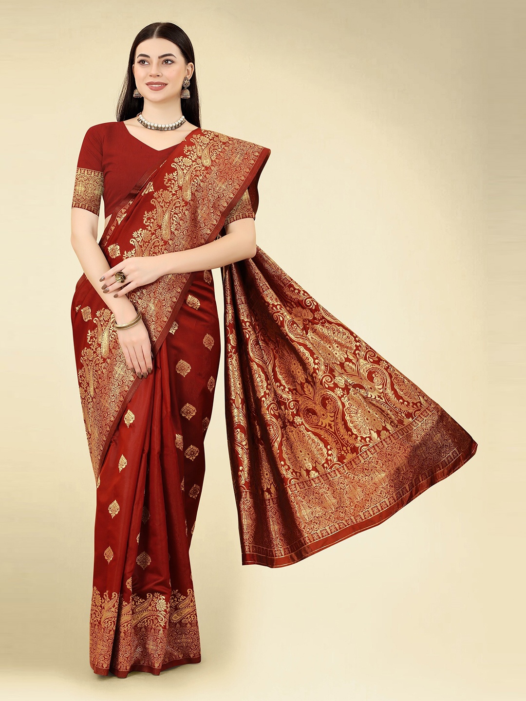 

DWIZA ENTERPRISE Ethnic Motifs Woven Design Zari Detail Banarasi Saree, Maroon