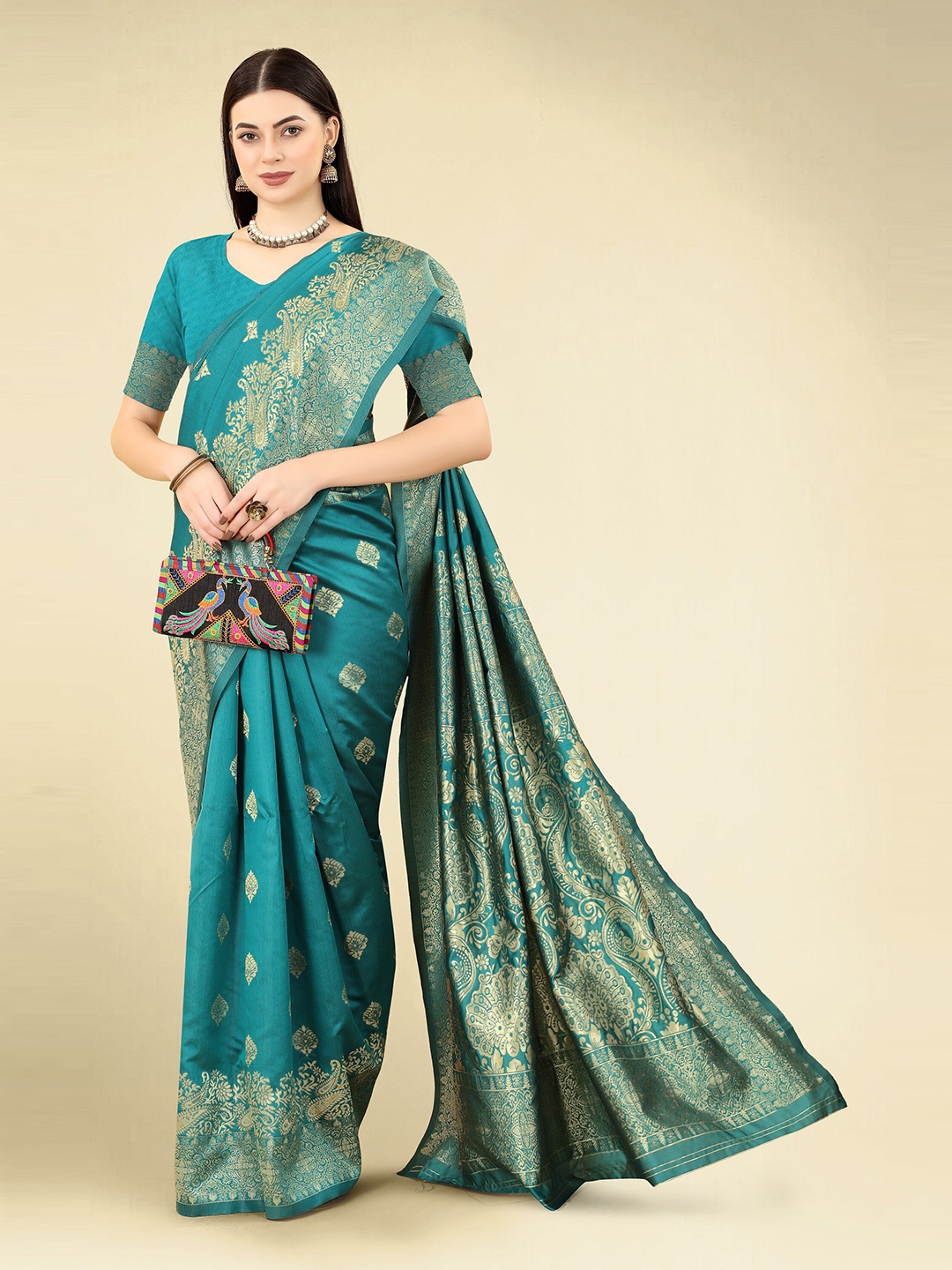 

DWIZA ENTERPRISE Ethnic Motifs Woven Design Zari Detail Banarasi Saree, Teal