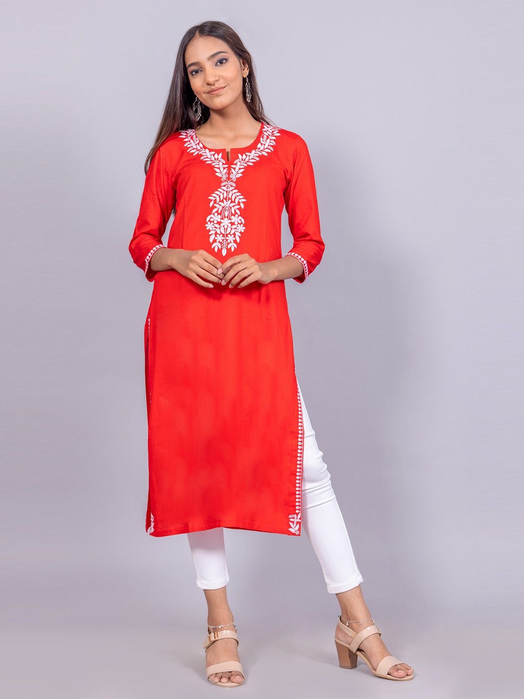 

BAESD Ethnic Motifs Embroidered Chikankari Pure Cotton Straight Kurta, Red