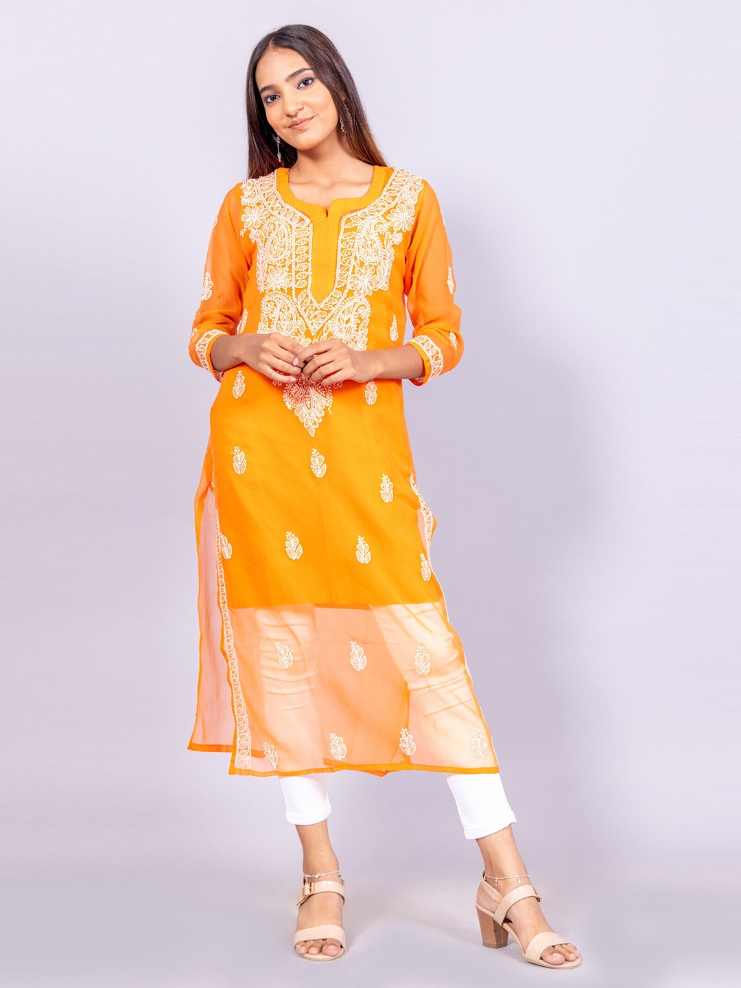 

BAESD Chikankari Embroidered Straight Kurta, Orange