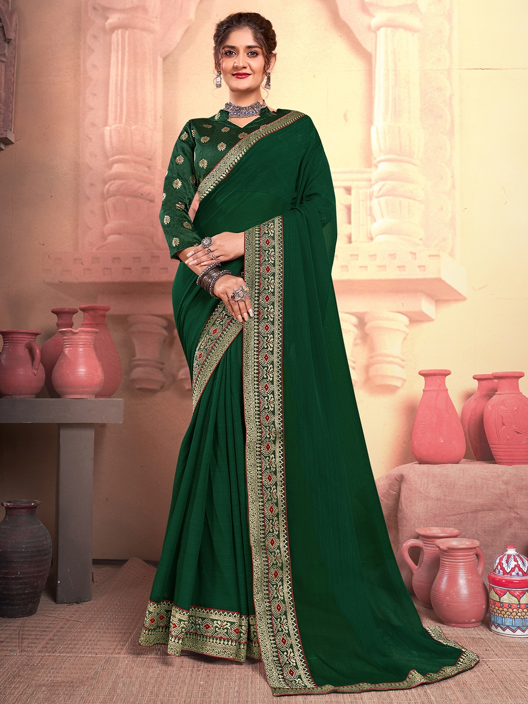 

KALINI Zari Poly Georgette Saree, Green