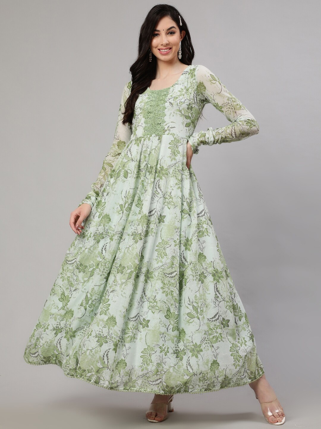 

AKS Floral Printed Round Neck Gathered Cotton Maxi Dress, Green