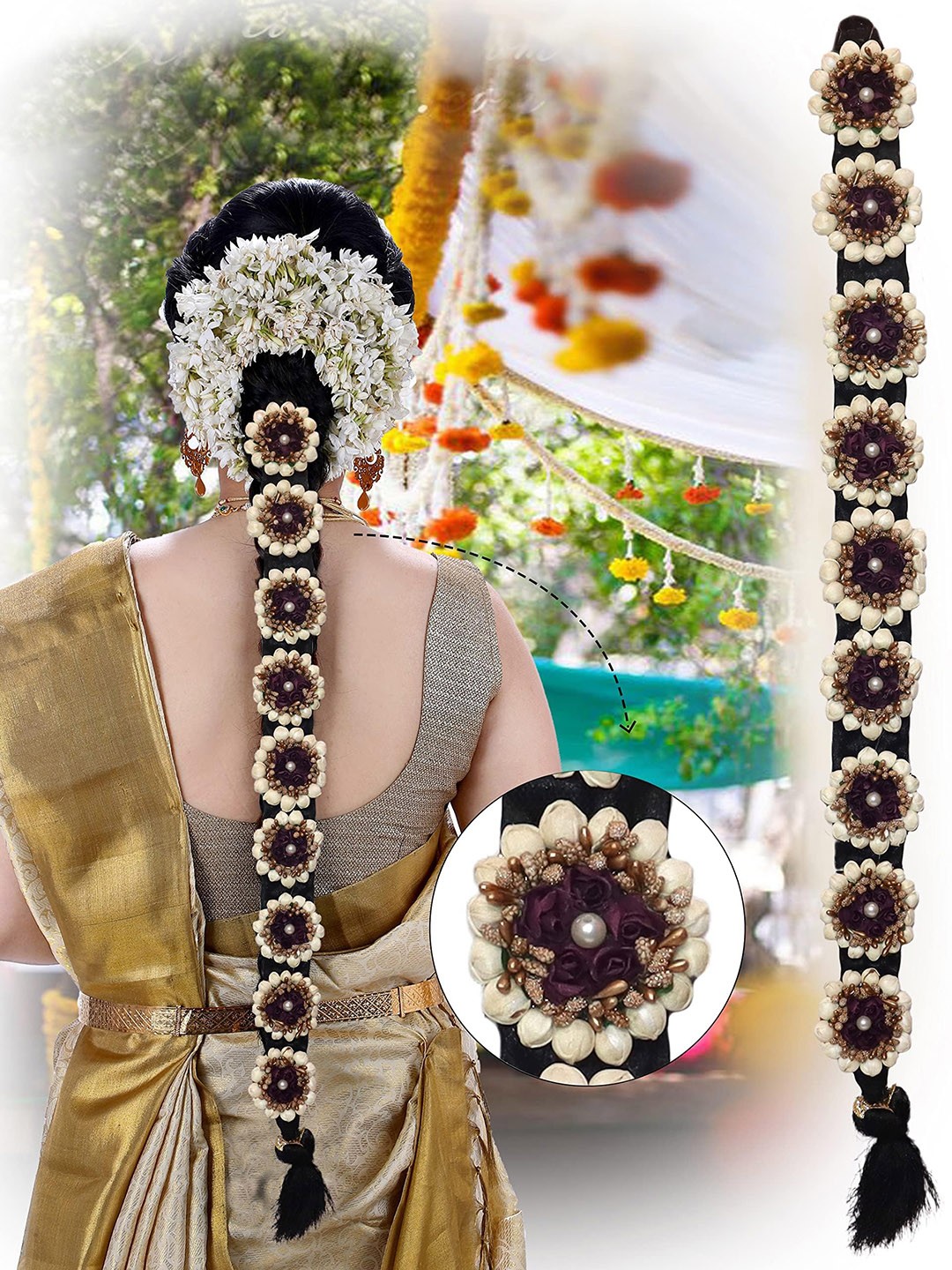 

Krelin Traditional Hair Choti With Floral Jada Set, White