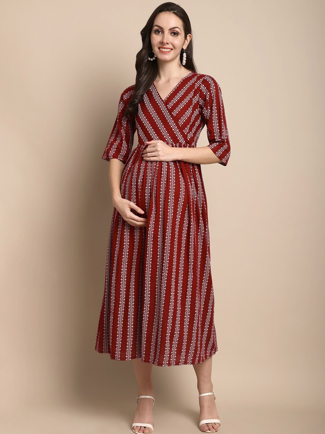 

KALINI Floral Printed V-Neck Gathered Detail Maternity Wrap Midi Dress, Maroon