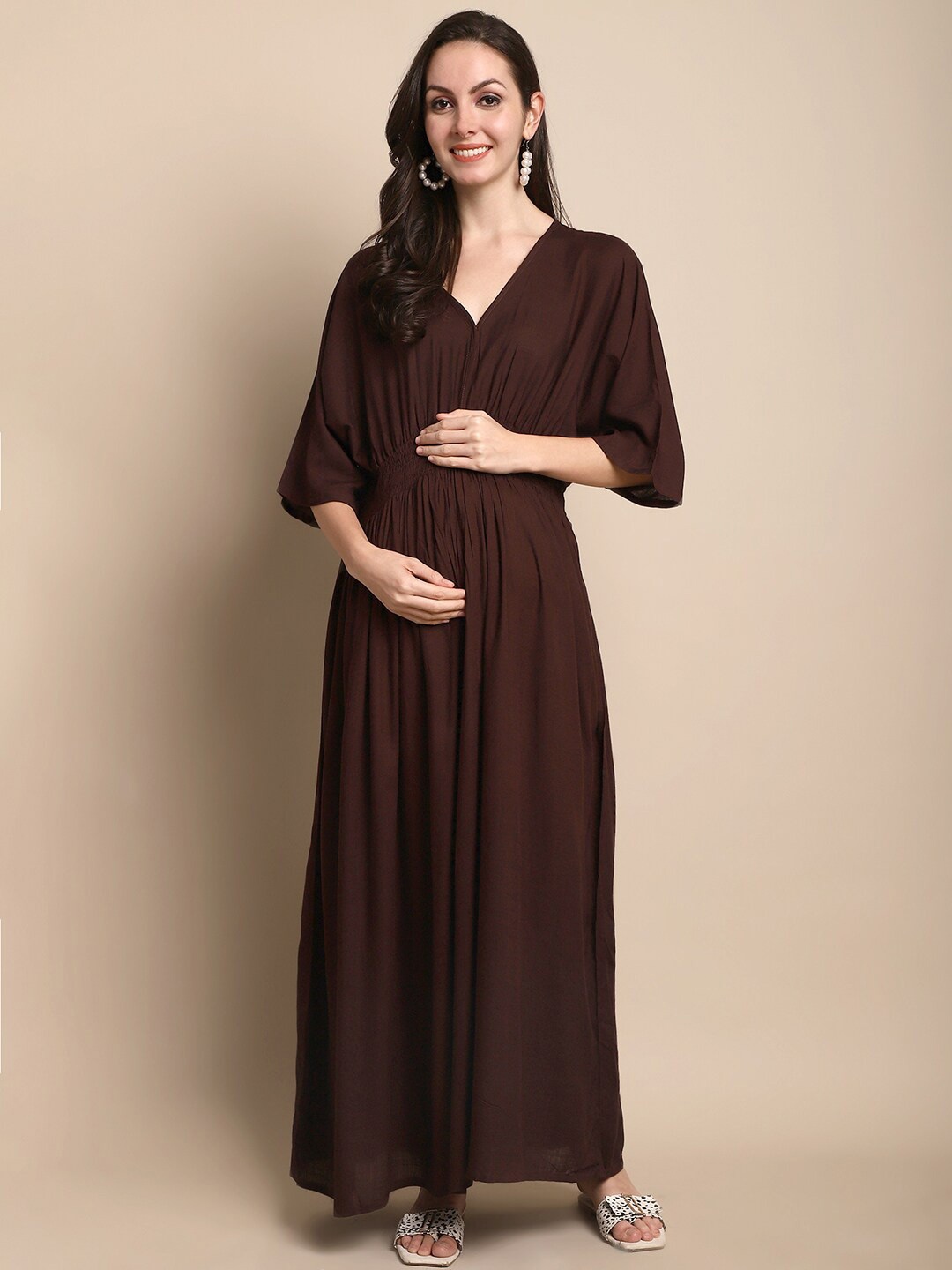 

KALINI V-Neck Extended Sleeves Smocked Detail Maternity Fit and Flare Maxi Dress, Brown