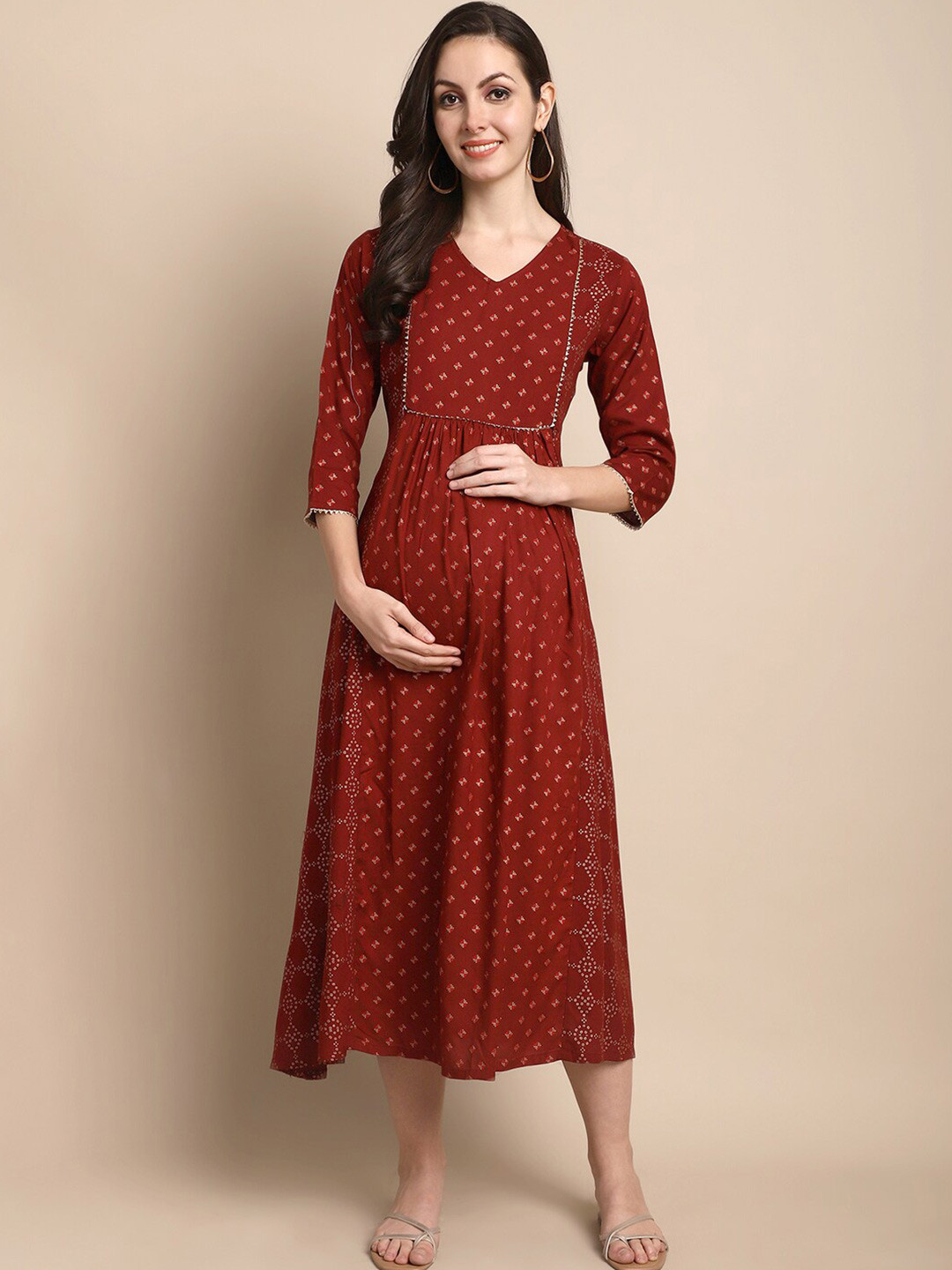 

KALINI Ethnic Motifs Printed V-Neck Gathered Detail Maternity Fit & Flare Midi Dress, Maroon