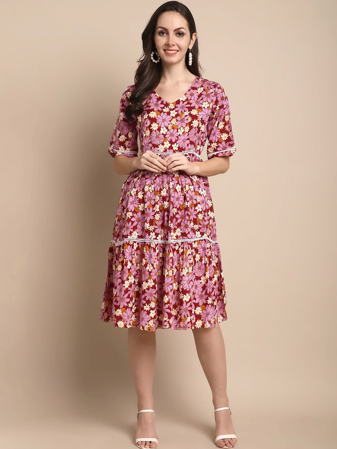 

KALINI Floral Printed Fit & Flare Maternity Feeding Dress, Purple