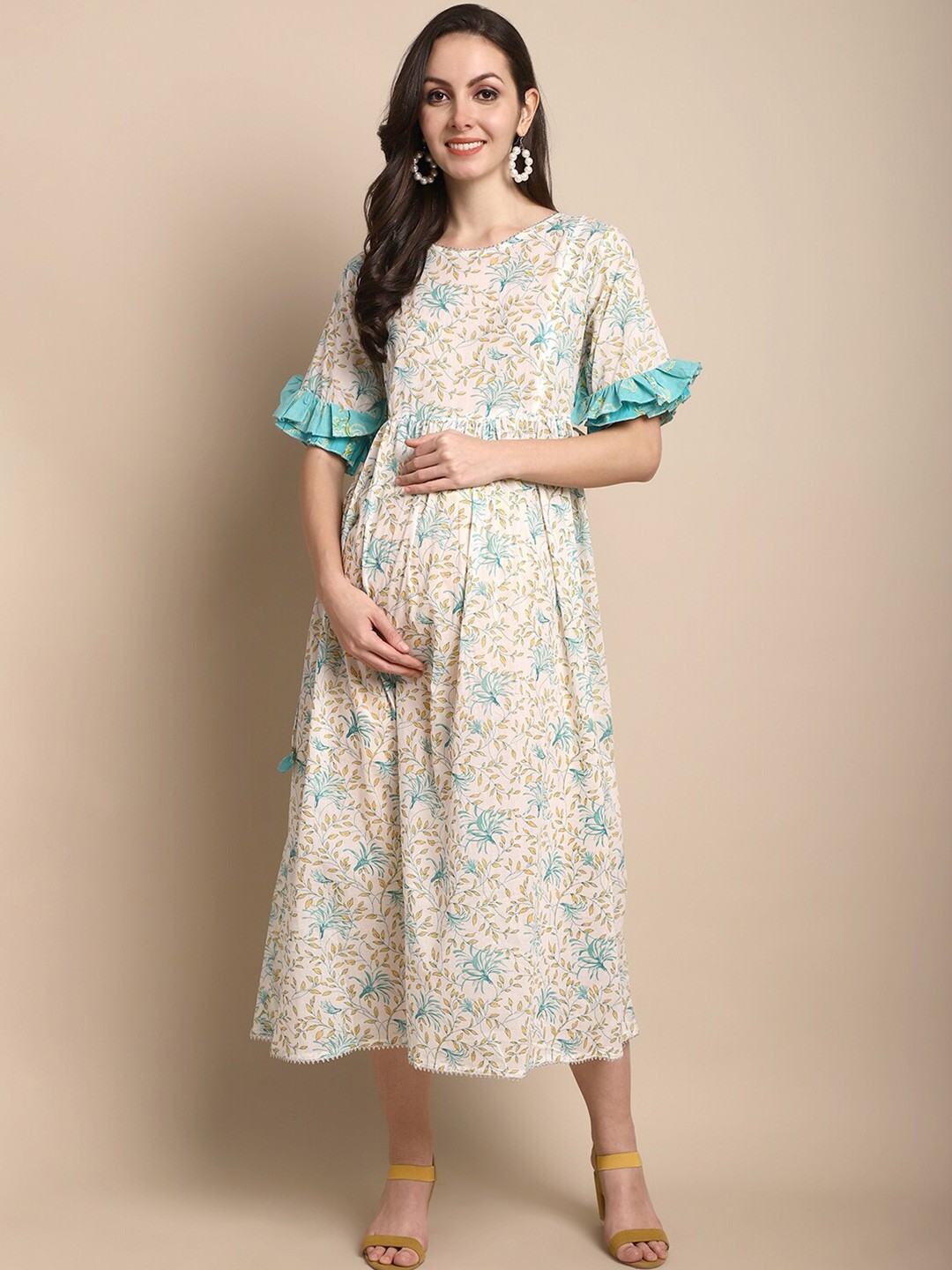 

KALINI Floral Printed Bell Sleeves Gathered Detail Cotton Maternity Fit & Flare Midi Dress, Off white