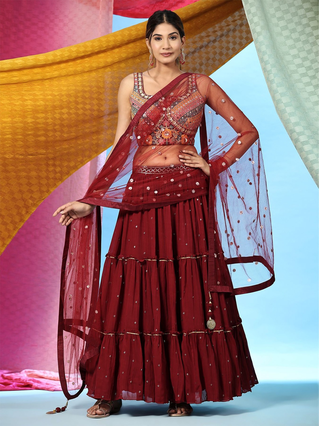 

JUST FASHION Embellished Thread Work Ready To Wear Lehenga & Blouse With Dupatta, Maroon