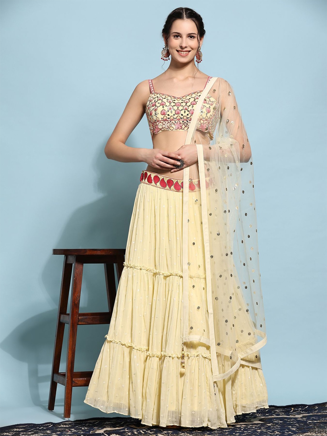 

JUST FASHION Embroidered Thread Work Ready To Wear Lehenga & Blouse With Dupatta, Yellow