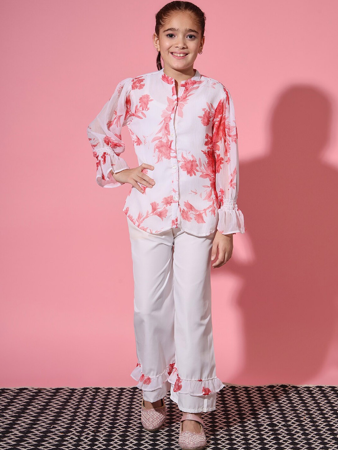 

Readiprint Girls Printed Mandarin Collar Bell Sleeves Shirt & Trouser, White