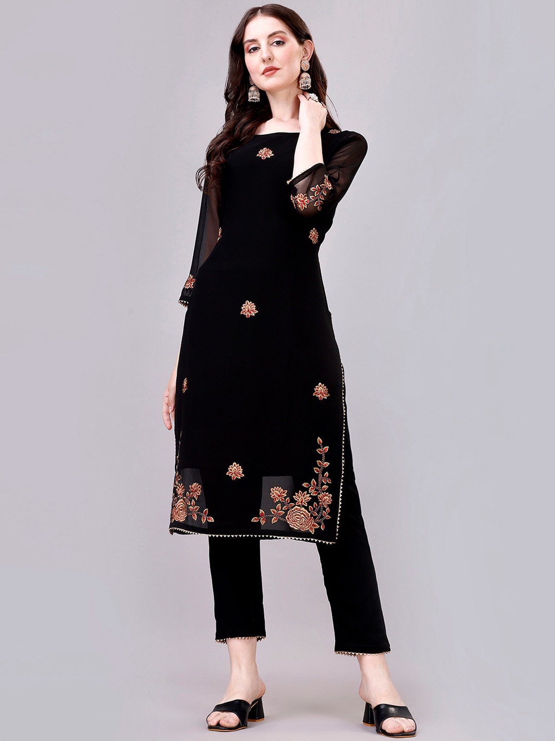 

GORGONE Floral Embroidered Thread Work Georgette Kurta with Trousers, Black