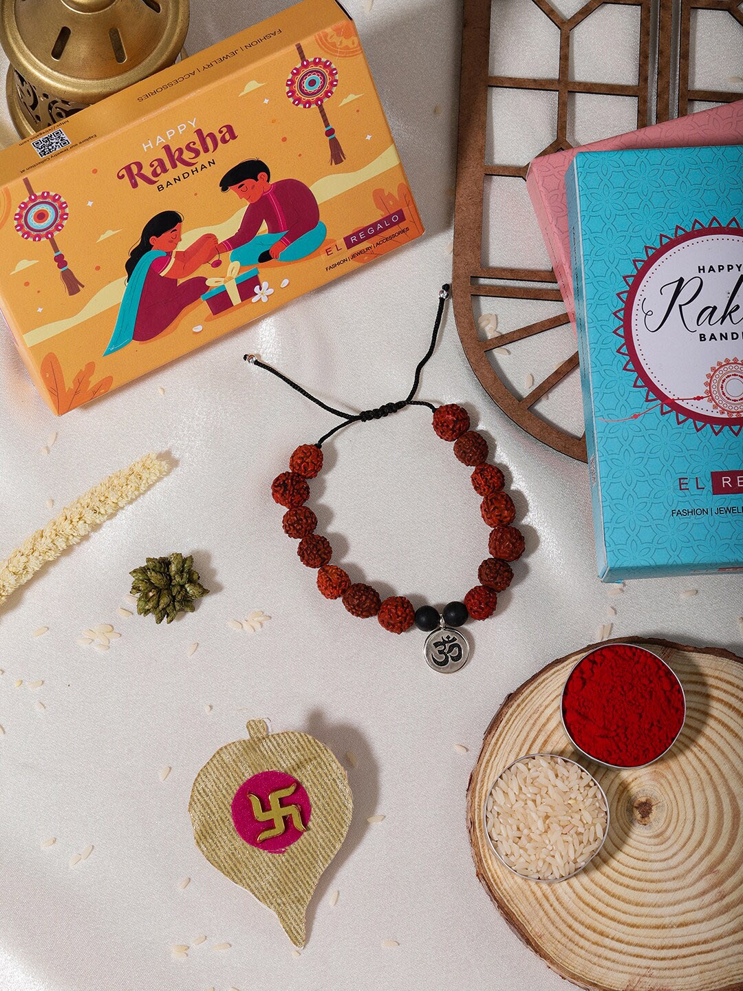 

EL REGALO Rudhraksh Beaded Om Charm Rakhi With Roli & Chawal, Brown
