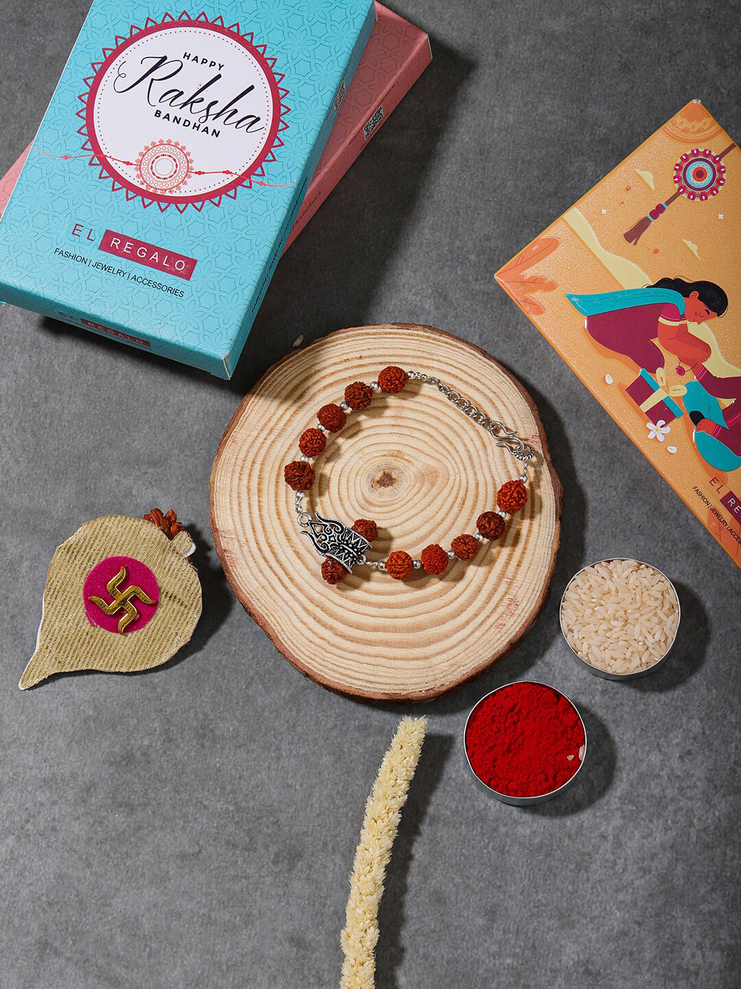 

EL REGALO Men Rudhraksh Beaded Trishool Rakhi With Roli And Chawal, Silver