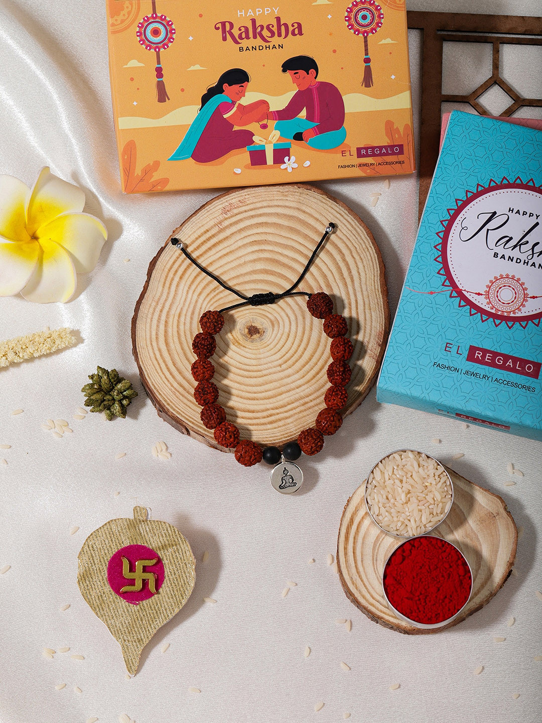 

EL REGALO Men Rudhraksh Beaded Rakhi With Roli And Chawal, Brown