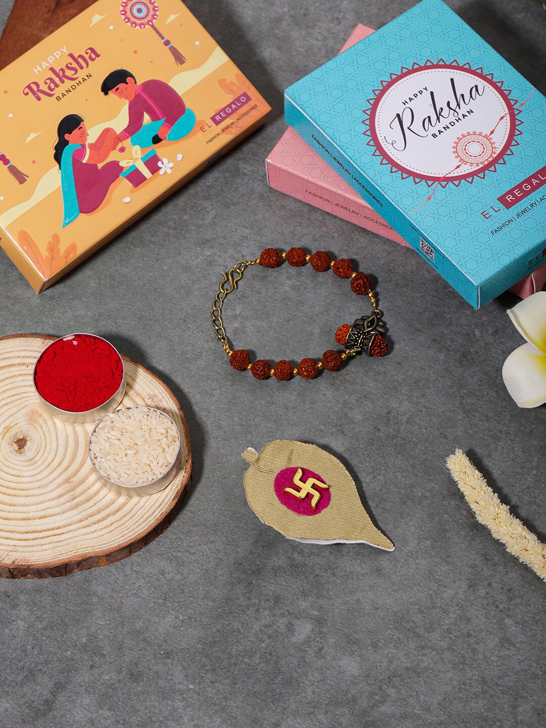 

EL REGALO Rudhraksh Beaded Lord Shiva Rakhi Set With Roli & Chawal, Brown