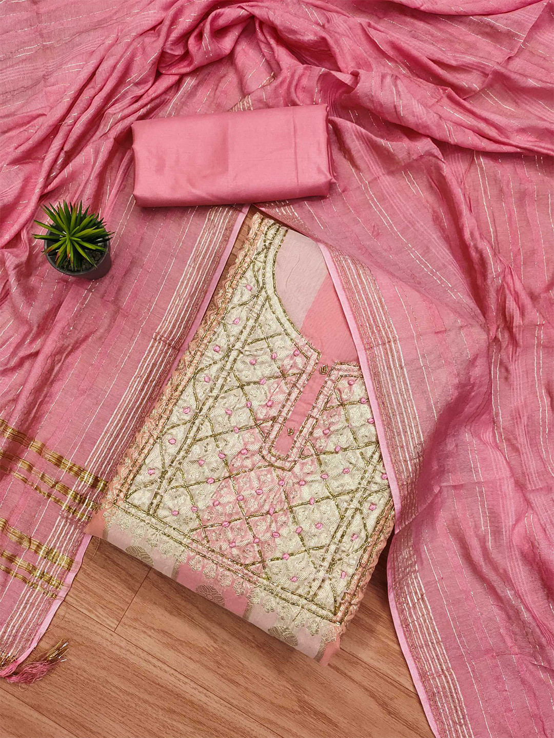 

KALINI Geometric Woven Design Unstitched Dress Material, Pink