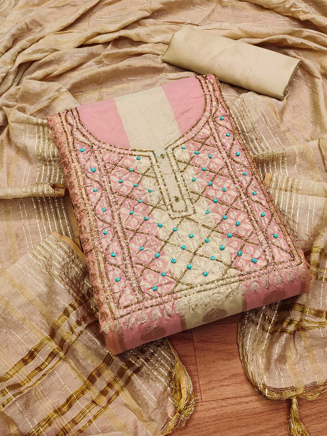 

KALINI Woven Design Beads and Stones Jacquard Unstitched Dress Material, Beige