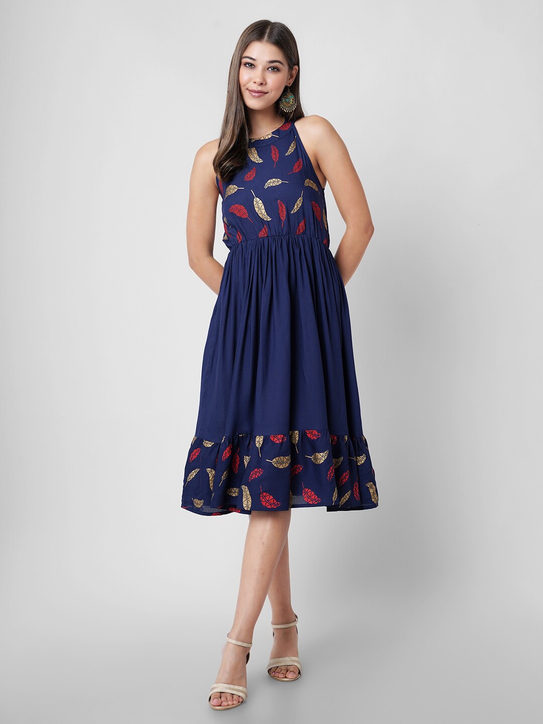 

DK FAB Abstract Printed High Neck Fit & Flare Dress, Blue