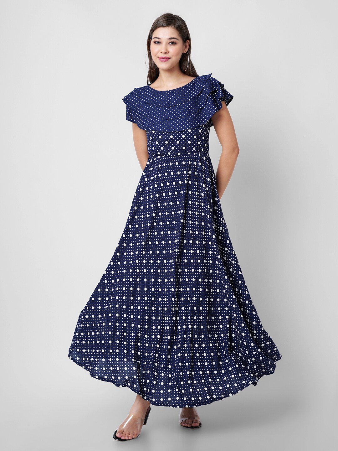 

DK FAB Polka Dot Printed Flutter Sleeve Fit & Flare Dress, Navy blue