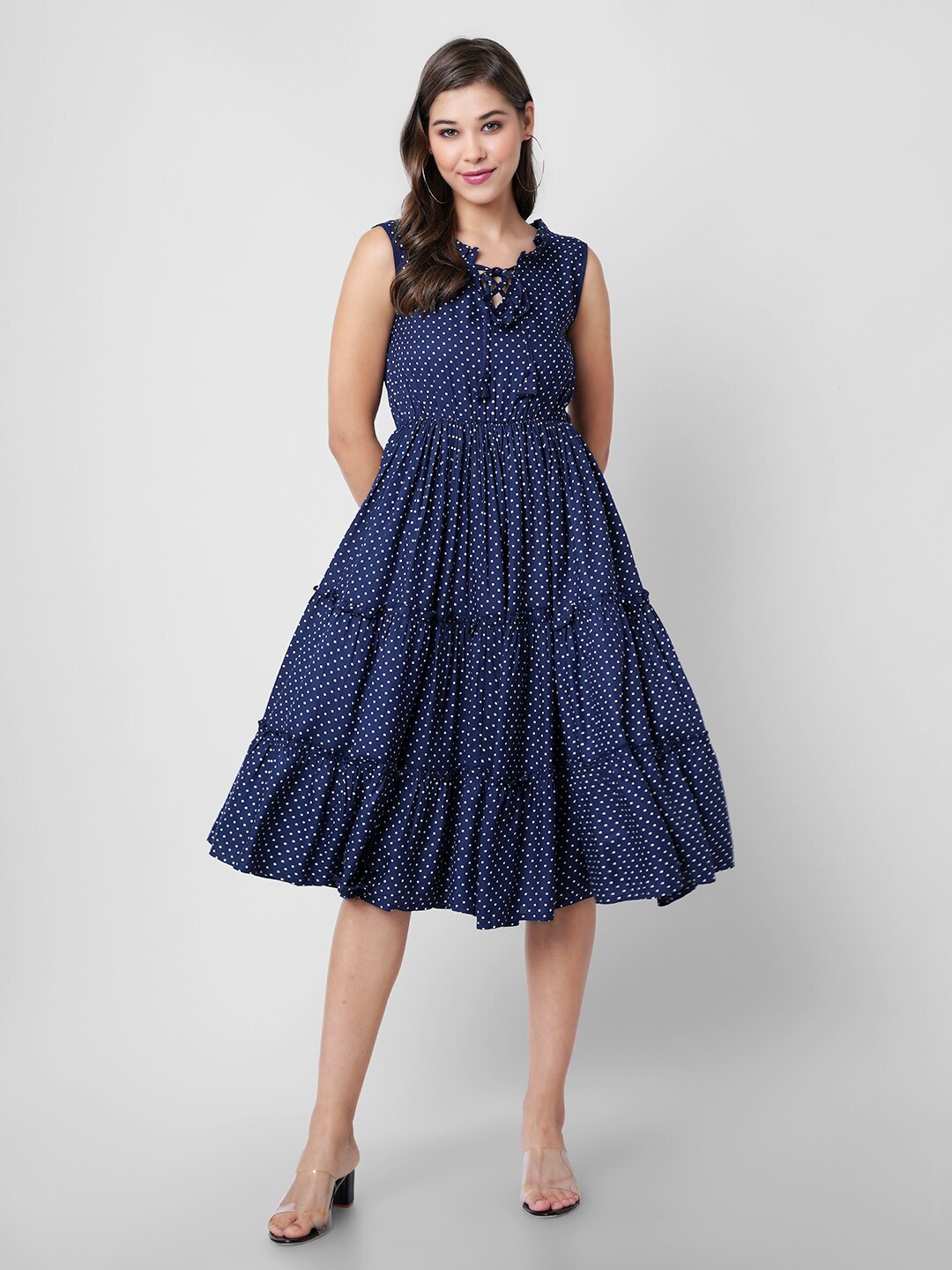 

DK FAB Polka Dot Printed Sleeveless Tiered Fit & Flare Dress, Navy blue
