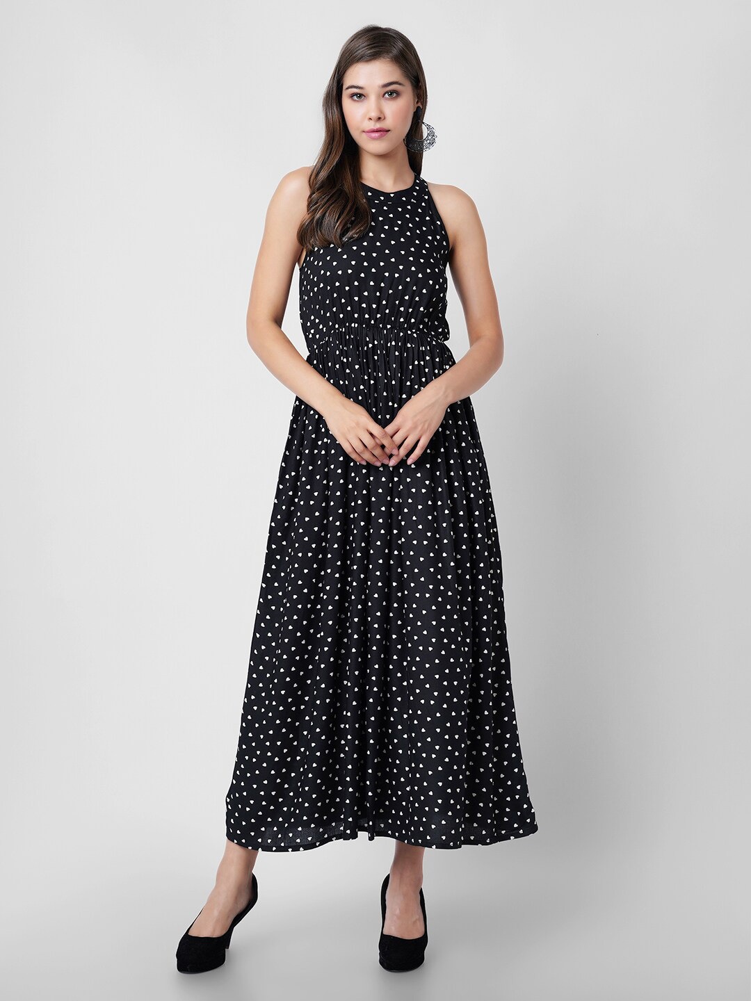 

DK FAB Conversational Printed Halter Neck Fit & Flare Maxi Dress, Black