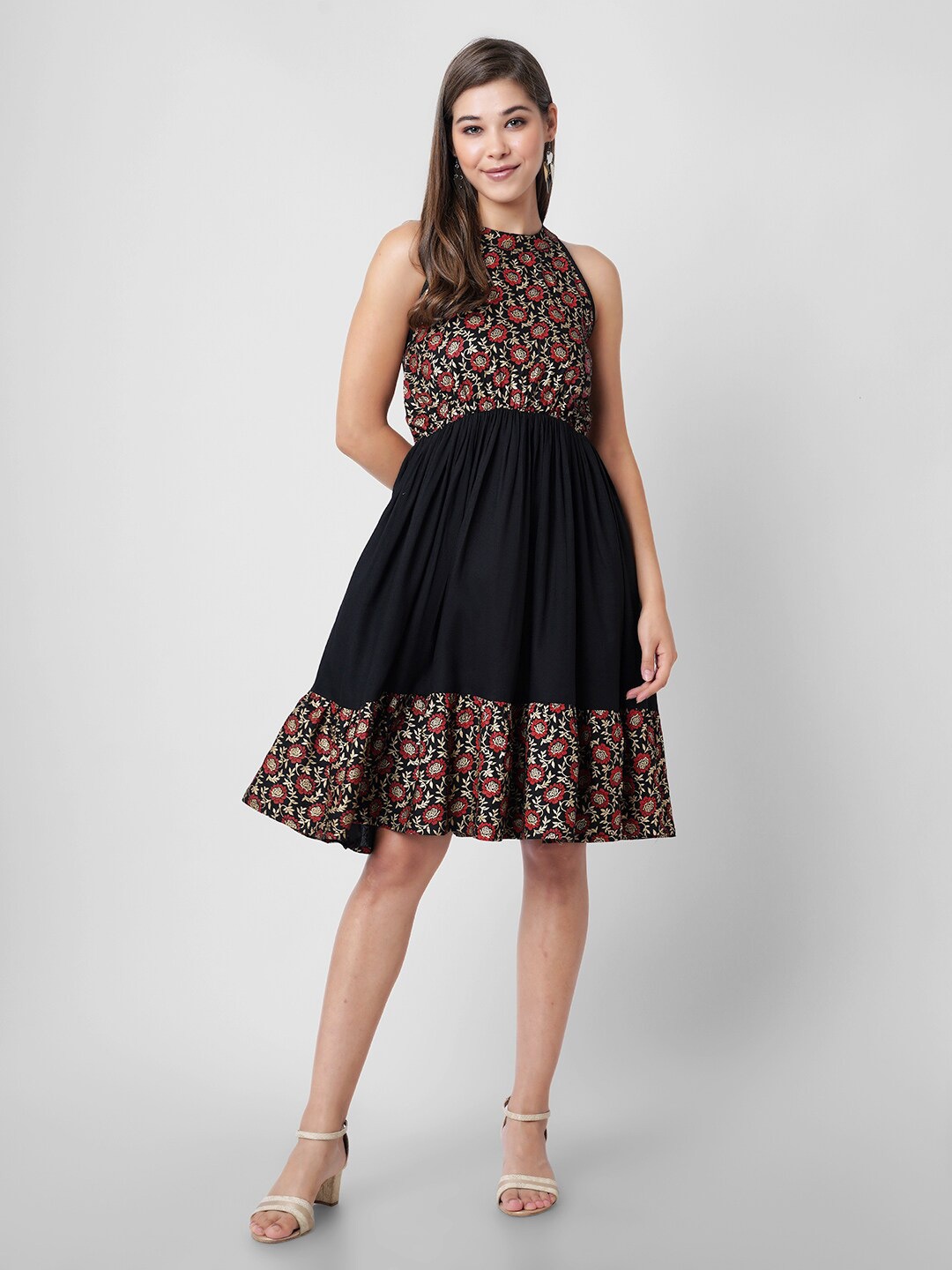

DK FAB Floral Printed Halter Neck Fit & Flare Dress, Black