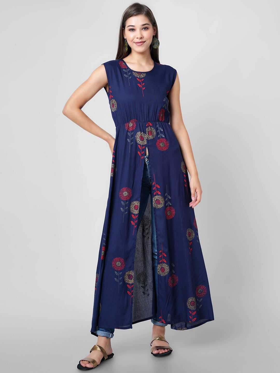 

DK FAB Floral Printed Round Neck Gathered Logline Top, Blue