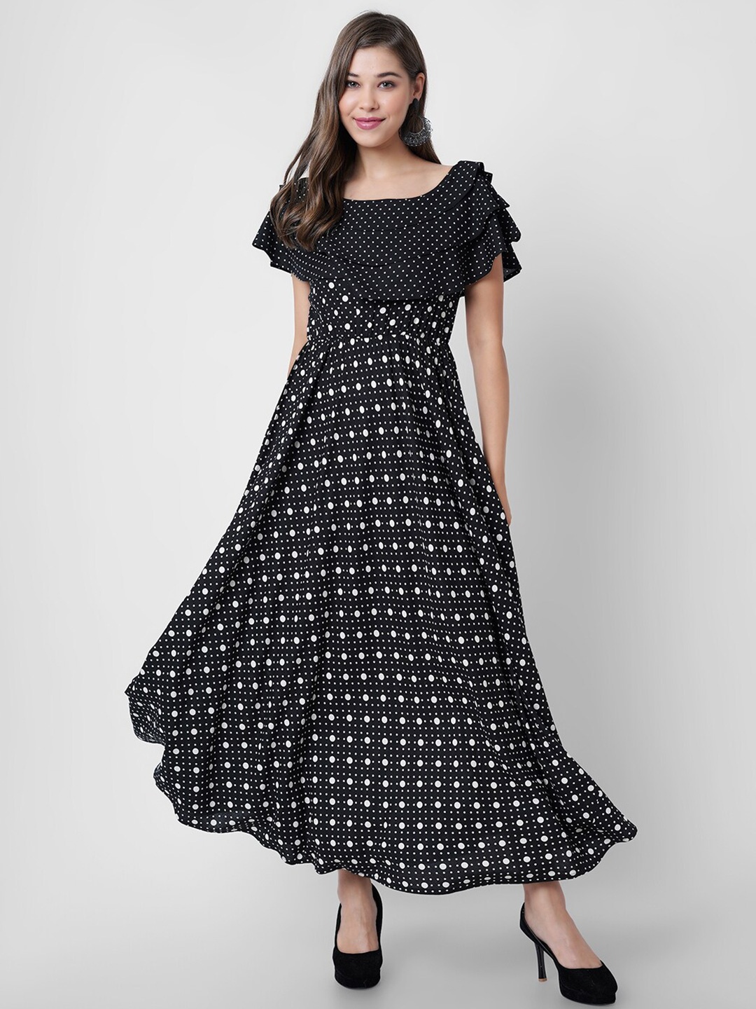 

DK FAB Black Polka Dot Printed cape Sleeves Gathered Maxi Dress