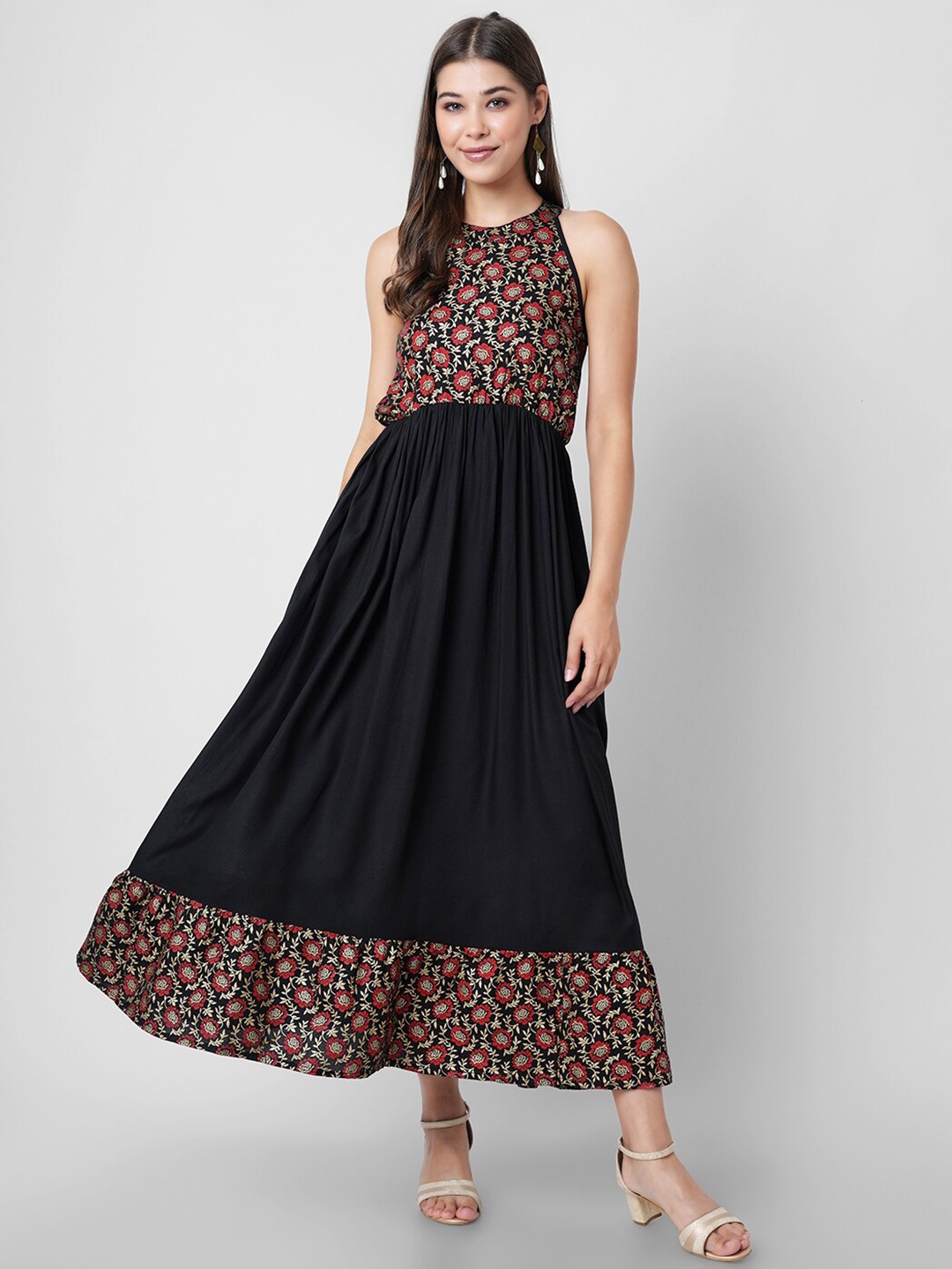 

DK FAB Floral Embroidered Round Neck Fit & Flare Dress, Black