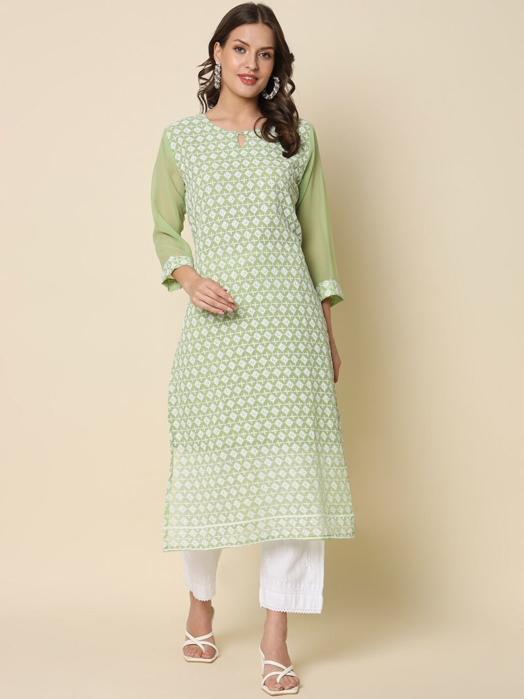 

PPTOSS Ethnic Motifs Embroidered Keyhole Neck Thread Work Georgette Kurta, Green