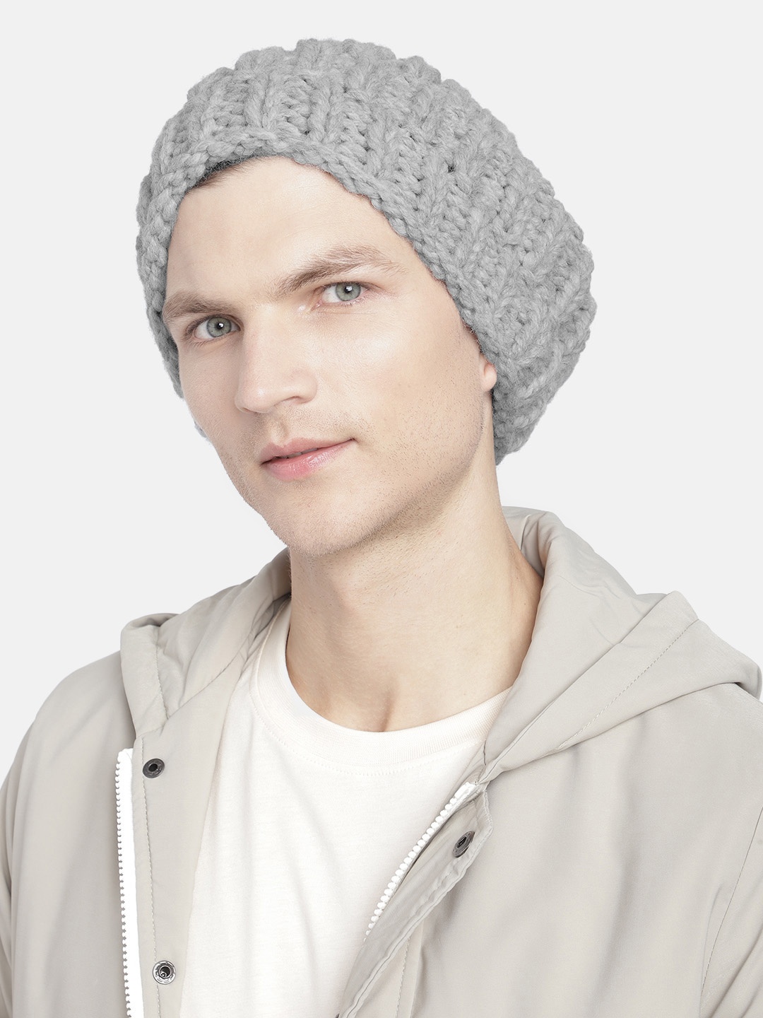 

Magic Needles Men Self Design Acrylic Beanie, Grey