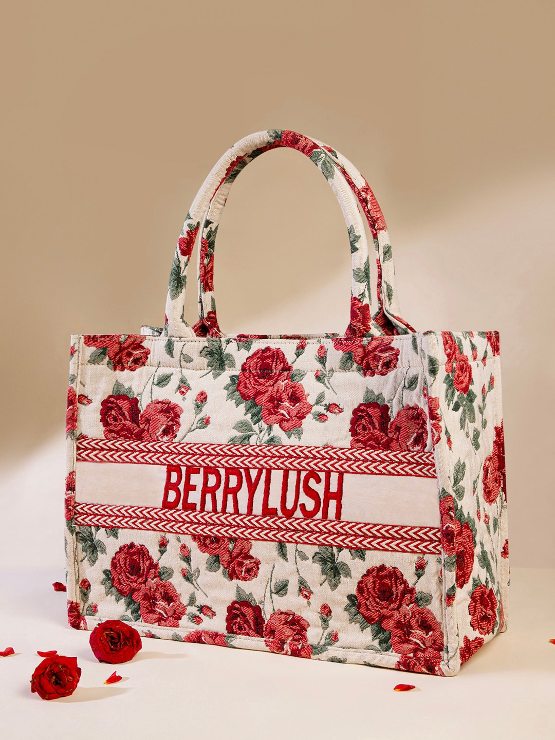 

Berrylush Floral Printed Structured Tote Bag, Beige