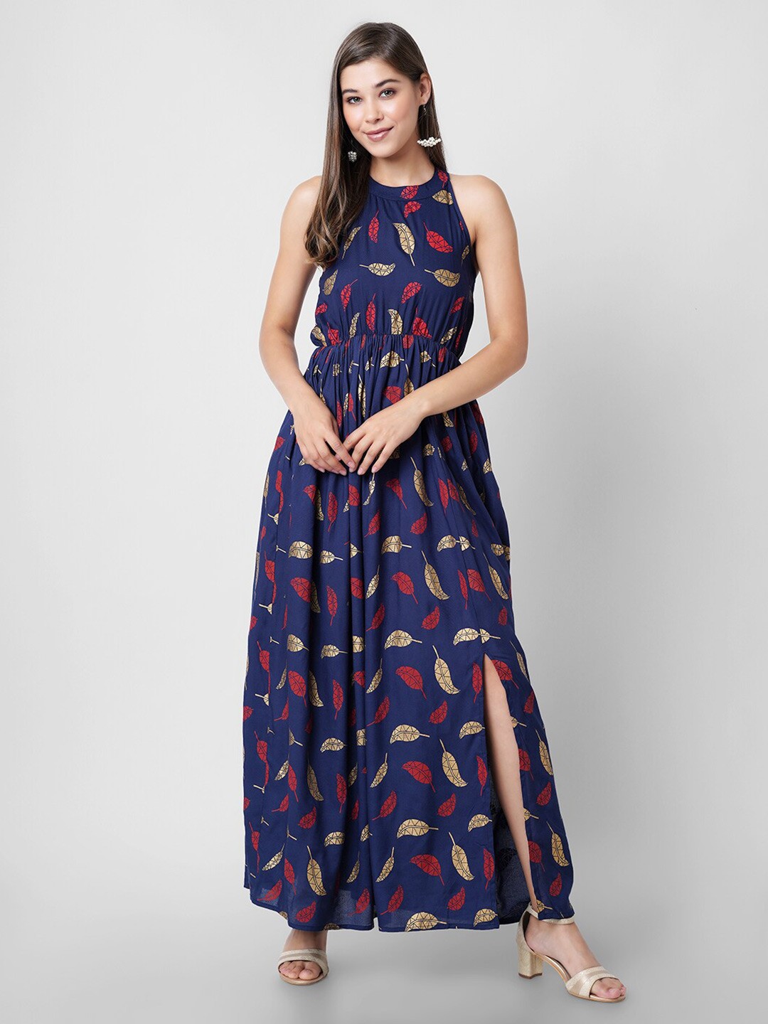 

DK FAB Conversational Printed Halter Neck Gathered Liva Maxi Dress, Blue
