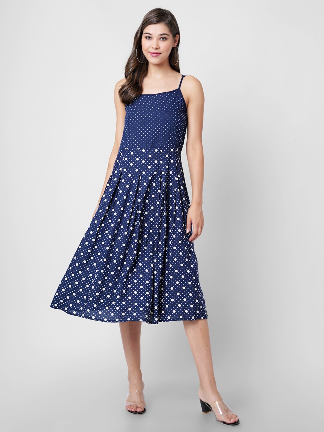 

DK FAB Polka Dot Printed Shoulder Straps Liva A-Line Dress, Blue