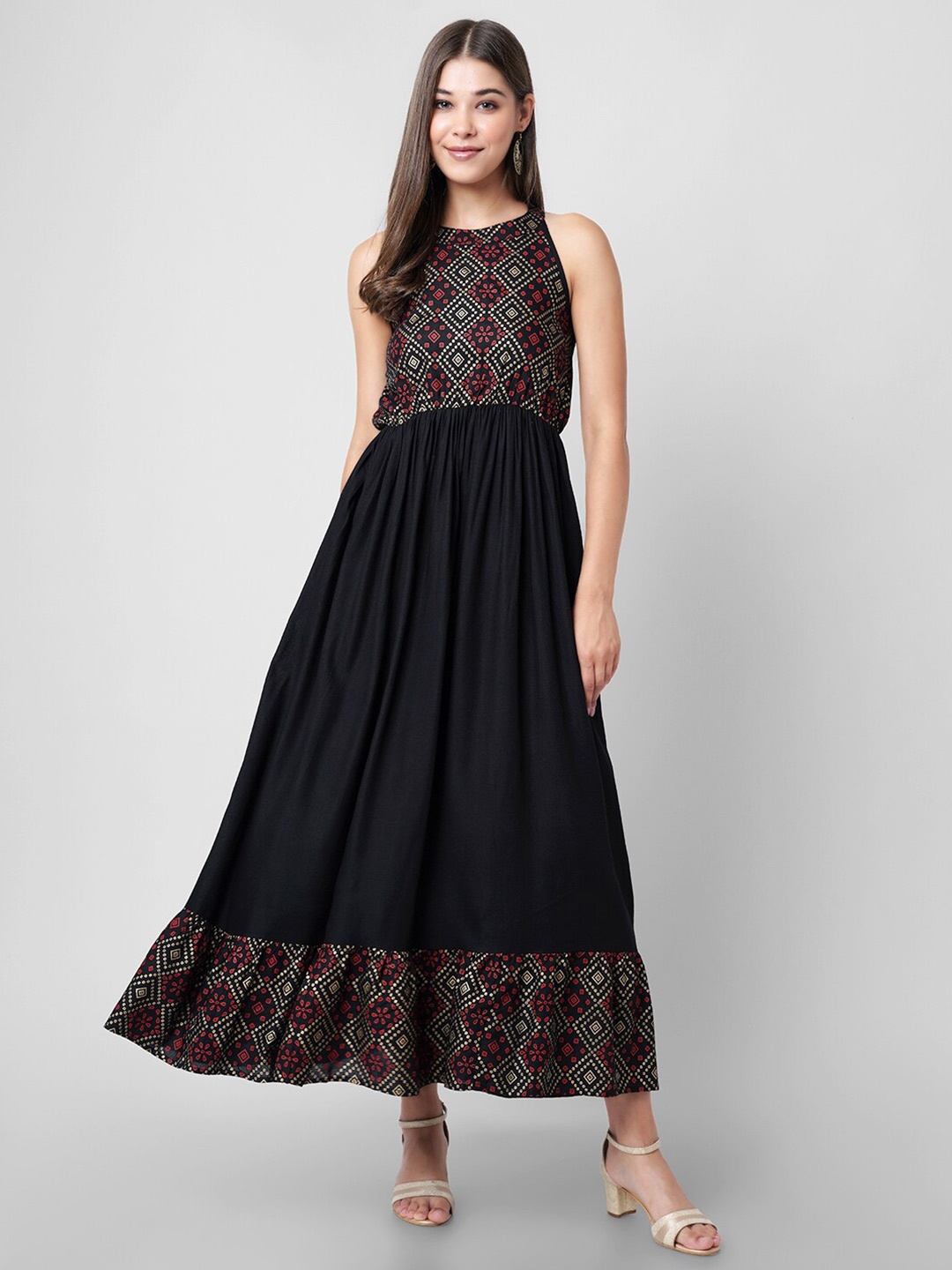 

DK FAB Ethnic Motifs Printed Gathered Liva Maxi Dress, Black