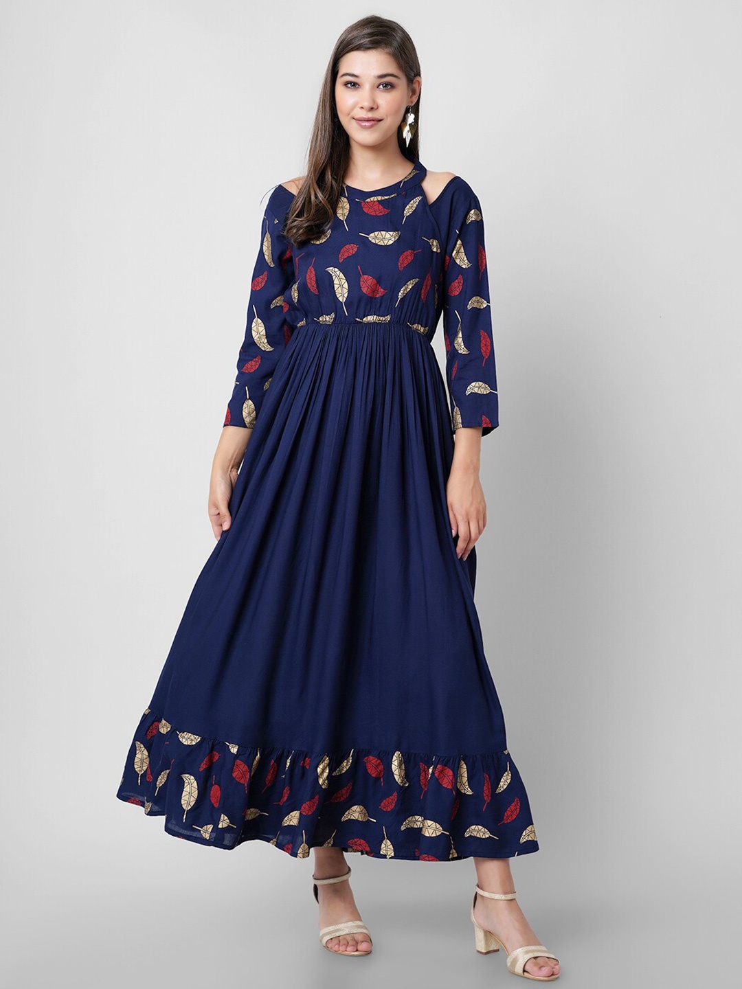 

DK FAB Conversational Printed Gathered Liva Maxi Dress, Blue