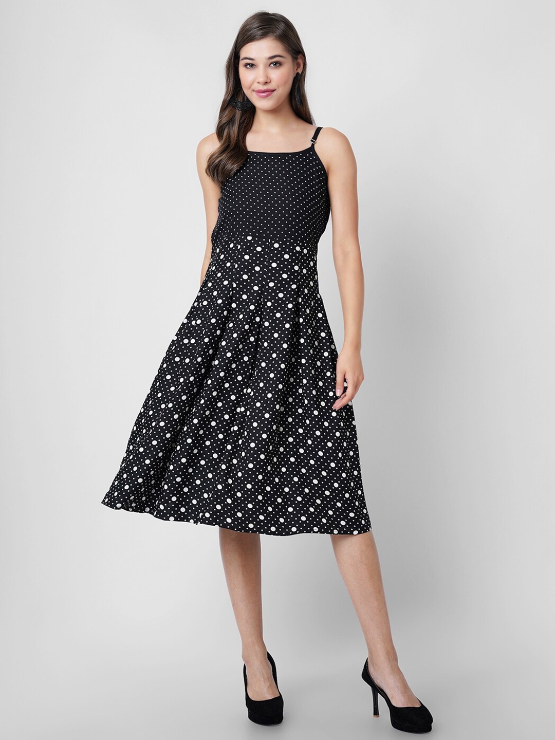 

DK FAB Polka Dot Printed Sleeveless Pleated Fit & Flare Dress, Black