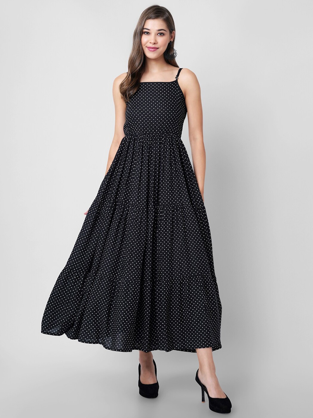 

DK FAB Polka Dot Printed Sleeveless Tiered Fit & Flare Dress, Black