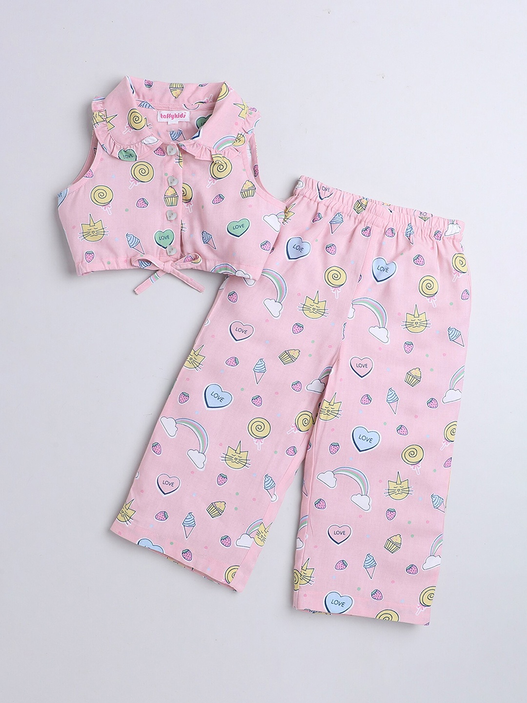 

taffykids Girls Conversational Pure CottonPrinted Night suit, Pink